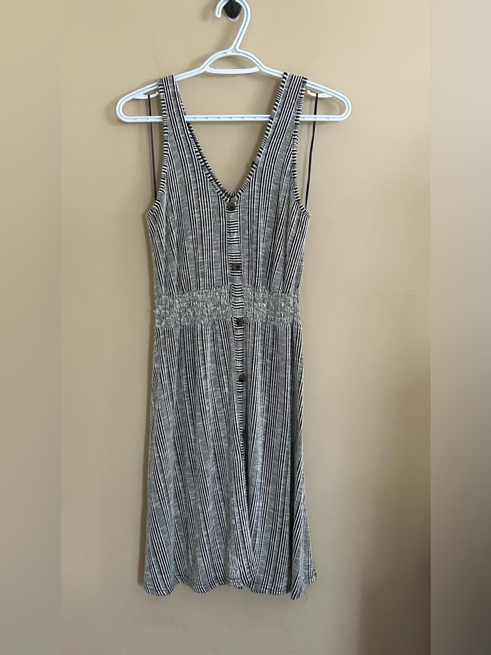 Black & White Striped V-Neck Button Front Sleeveless Smocked Waist Dress